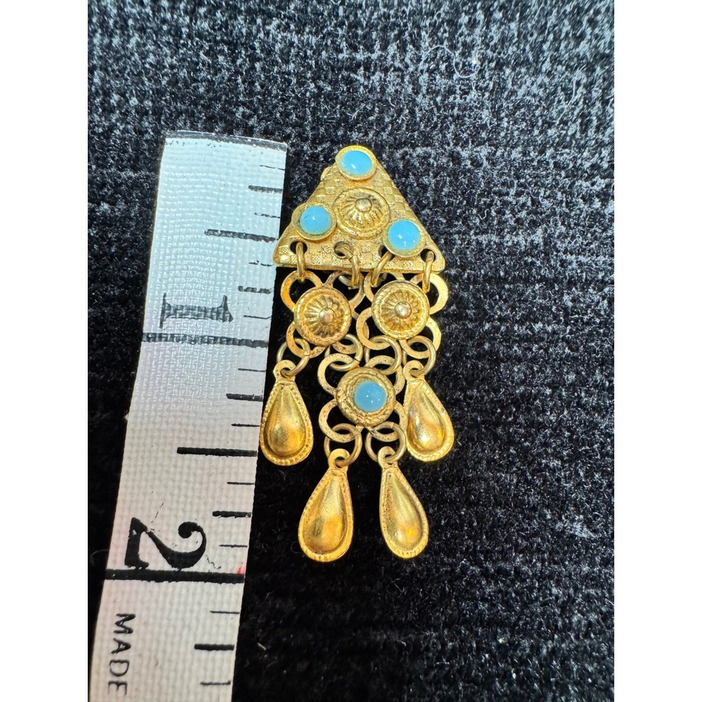 Vintage Gold & Turquoise Tone Chandelier Clip Earrings Egyptian Revival Ethnic - Picture 5 of 5